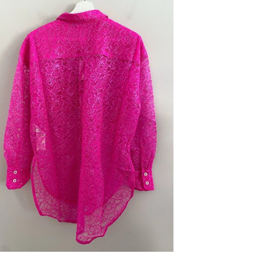 By Anthropologie Metallic Lace Buttondown Shirt pink size XSP PXS new nwt - Picture 3 of 9